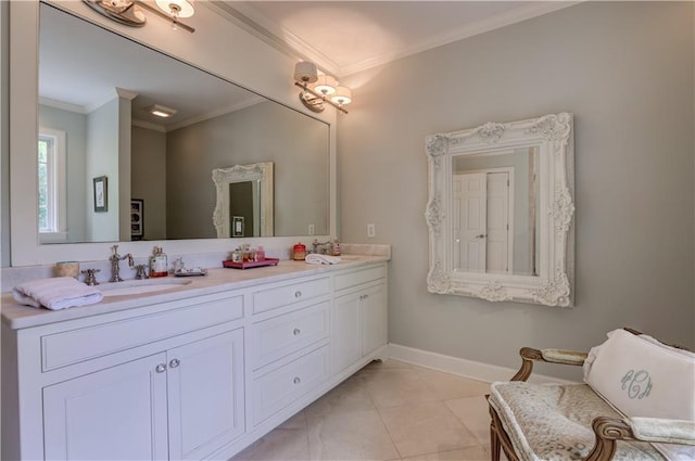 bathroom featuring ornamental molding, dual sinks, tile floors, and large vanity