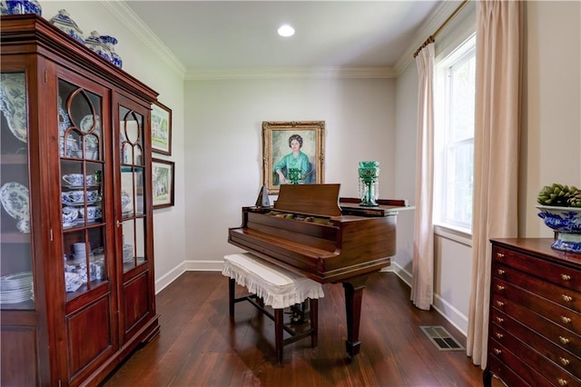 miscellaneous room with dark hardwood / wood-style floors, plenty of natural light, and crown molding