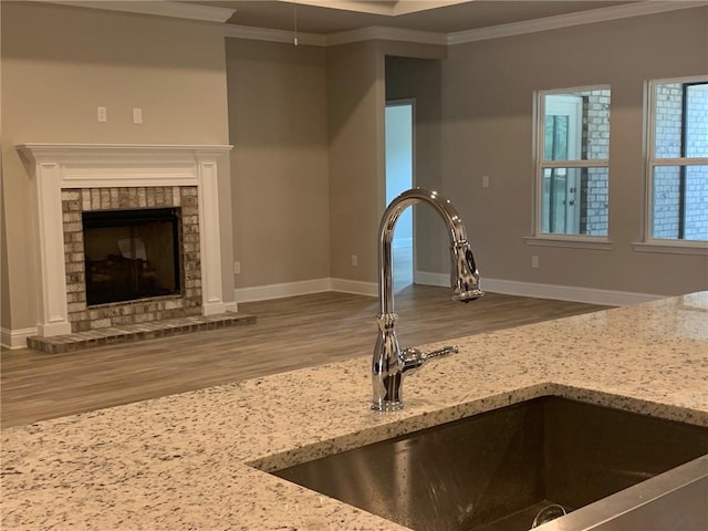 room details with light stone counters, ornamental molding, sink, hardwood / wood-style flooring, and a fireplace