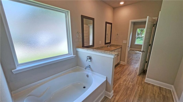 bathroom featuring a tub to relax in, vanity, and hardwood / wood-style flooring