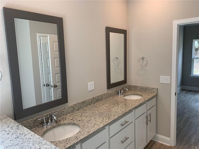 bathroom with vanity and wood-type flooring