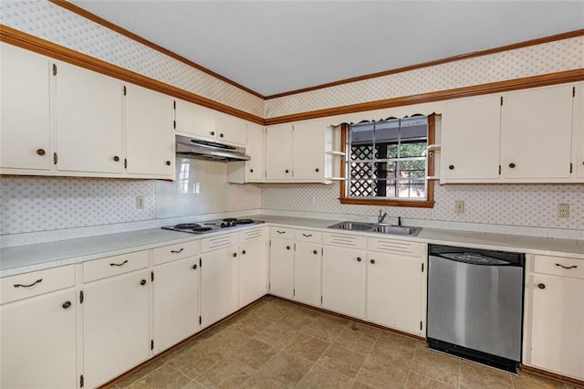 kitchen featuring under cabinet range hood, electric cooktop, a sink, dishwasher, and wallpapered walls