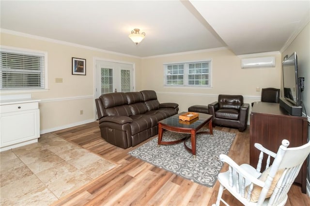 1509 Ridgeland Rd E, Mobile, AL 36695 - living room with a wall unit AC, crown molding, light wood finished floors, and french doors