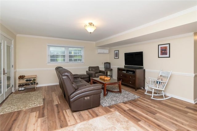 1509 Ridgeland Rd E, Mobile, AL 36695 - living room featuring a wall mounted air conditioner, wood finished floors, and ornamental molding