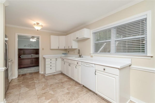 1509 Ridgeland Rd E, Mobile, AL 36695 - kitchen featuring dishwasher, a ceiling fan, light countertops, ornamental molding, and white cabinets