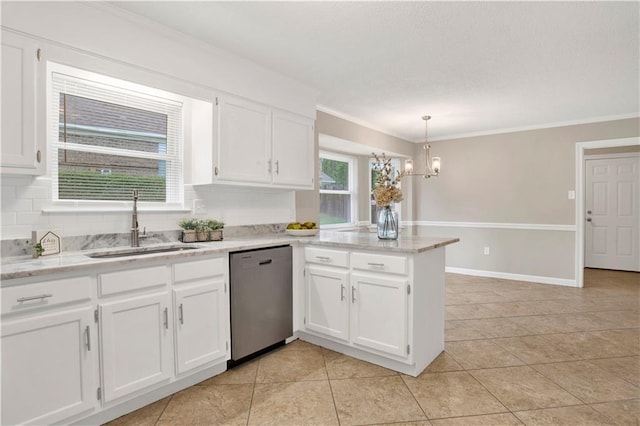 1115 Newbury Ln W, Mobile, AL 36695 - kitchen with stainless steel dishwasher, a peninsula, white cabinetry, ornamental molding, and a chandelier