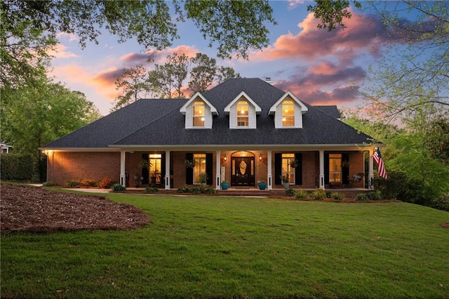 view of front of property featuring a lawn and covered porch