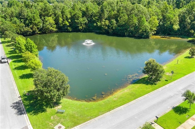 drone / aerial view featuring a water view and a view of trees