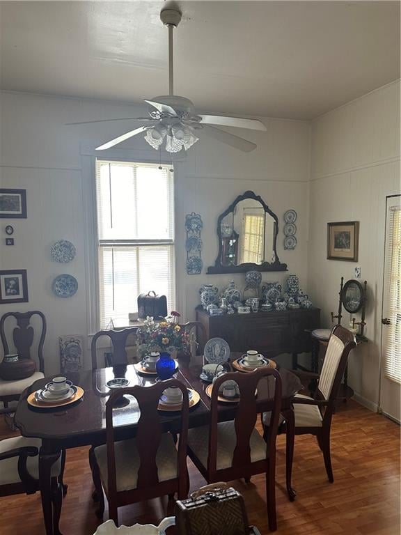 dining space featuring ceiling fan and hardwood / wood-style floors