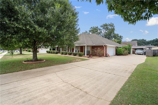 single story home with a garage and a front yard