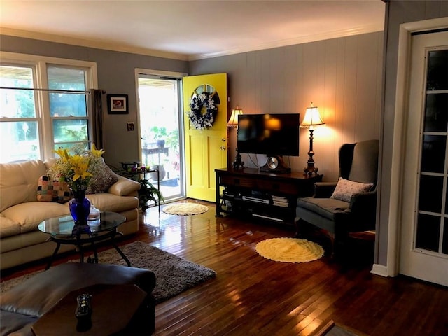 living room with crown molding, a healthy amount of sunlight, and wood-type flooring