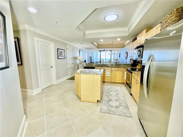 1601 Bienville Blvd Unit 316, Dauphin Island, AL 36528 - kitchen featuring a sink, ornamental molding, appliances with stainless steel finishes, and light brown cabinets