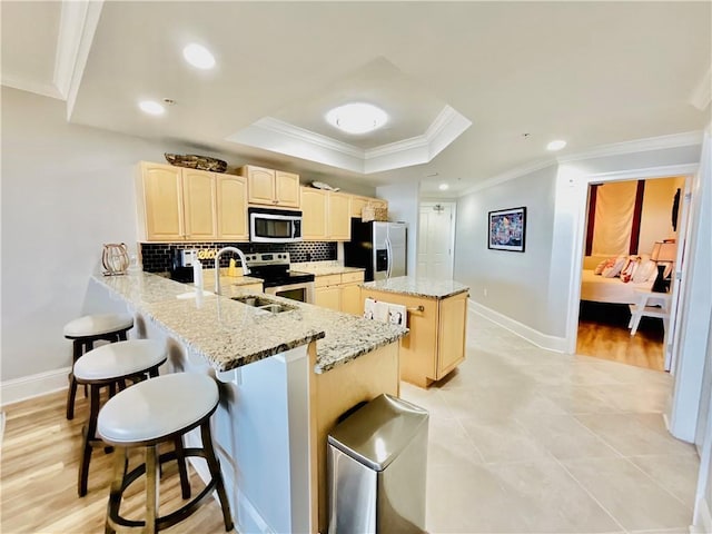 1601 Bienville Blvd Unit 316, Dauphin Island, AL 36528 - kitchen with crown molding, a kitchen island, a tray ceiling, stainless steel appliances, and a sink