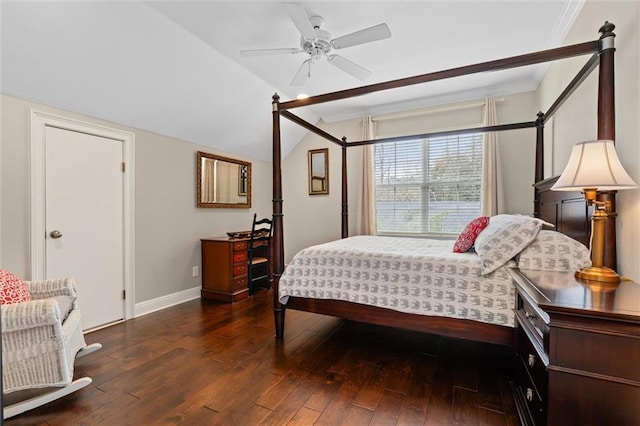 bedroom with dark wood-type flooring, ceiling fan, and lofted ceiling