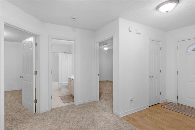 foyer entrance featuring light colored carpet and a textured ceiling