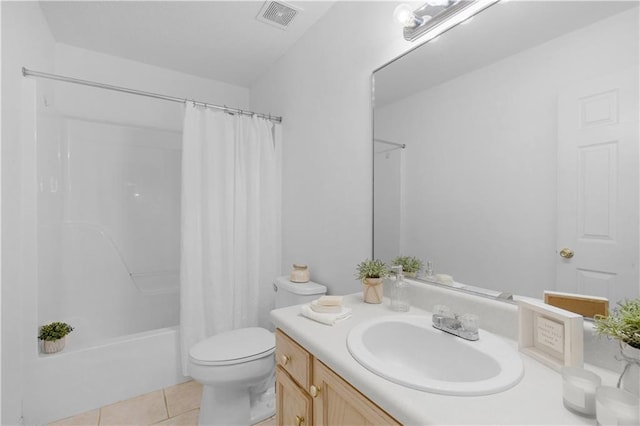 full bathroom with shower / tub combo, vanity, toilet, and tile patterned flooring