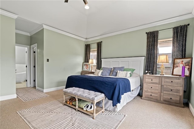 bedroom featuring vaulted ceiling, connected bathroom, ceiling fan, crown molding, and light carpet