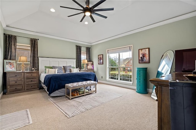 bedroom featuring crown molding, light colored carpet, and ceiling fan