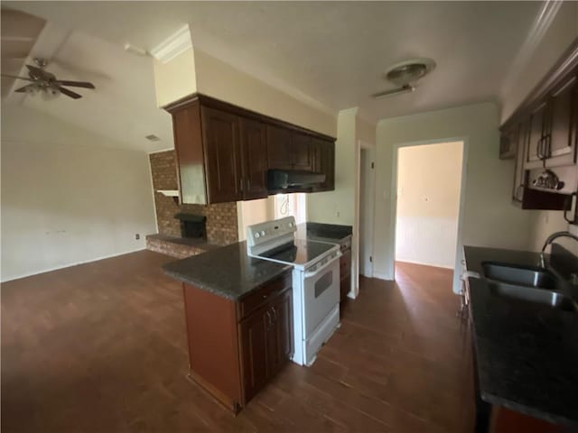 kitchen with white range with electric stovetop, ceiling fan, exhaust hood, sink, and dark hardwood / wood-style floors