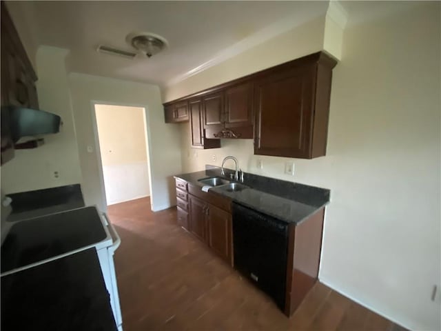 kitchen featuring dishwasher, dark brown cabinets, sink, and dark wood-type flooring