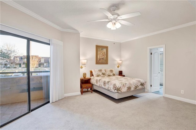 carpeted bedroom with access to outside, ornamental molding, and ceiling fan