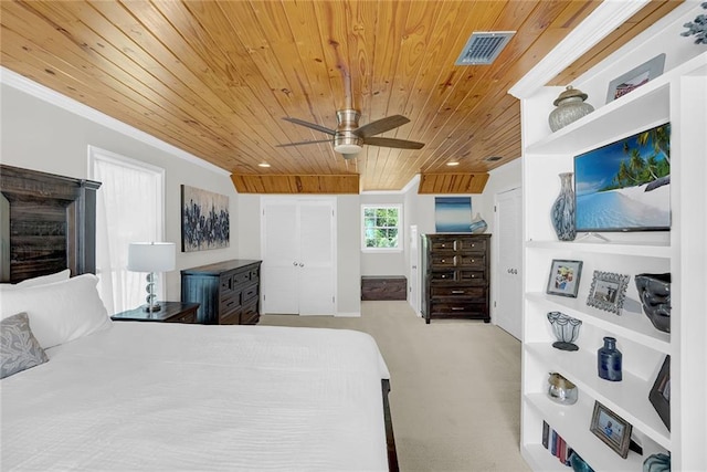 23749 Main St, Fairhope, AL 36532 - carpeted bedroom with wood ceiling, crown molding, and a ceiling fan