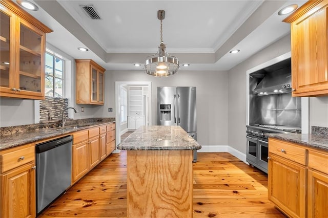 kitchen with a center island, light hardwood / wood-style floors, dark stone counters, a tray ceiling, and appliances with stainless steel finishes