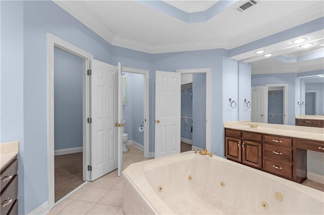 1140 Dominion Dr E, Mobile, AL 36695 - full bath featuring vanity, ornamental molding, a tub with jets, a tray ceiling, and tile patterned floors