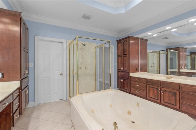 1140 Dominion Dr E, Mobile, AL 36695 - bathroom with a stall shower, a whirlpool tub, vanity, crown molding, and tile patterned floors