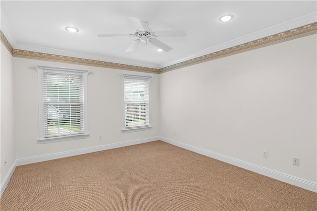 1140 Dominion Dr E, Mobile, AL 36695 - empty room with ornamental molding, light colored carpet, a ceiling fan, and recessed lighting