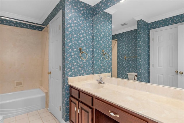 1140 Dominion Dr E, Mobile, AL 36695 - bathroom featuring ornamental molding, vanity, wallpapered walls, tile patterned floors, and washtub / shower combination