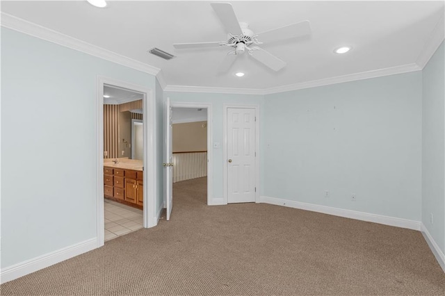 1140 Dominion Dr E, Mobile, AL 36695 - unfurnished bedroom with light carpet, ornamental molding, recessed lighting, connected bathroom, and ceiling fan