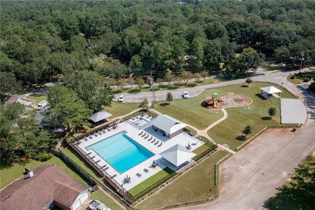 aerial view featuring a forest view