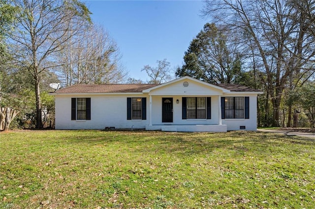 ranch-style home with crawl space, a porch, a front lawn, and brick siding