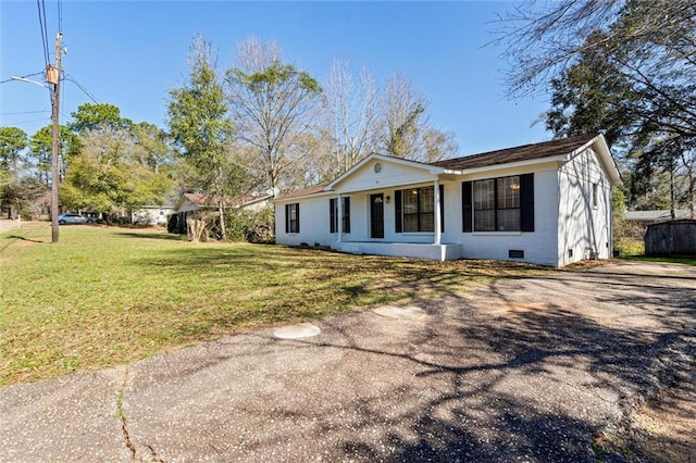 single story home with crawl space, brick siding, and a front lawn