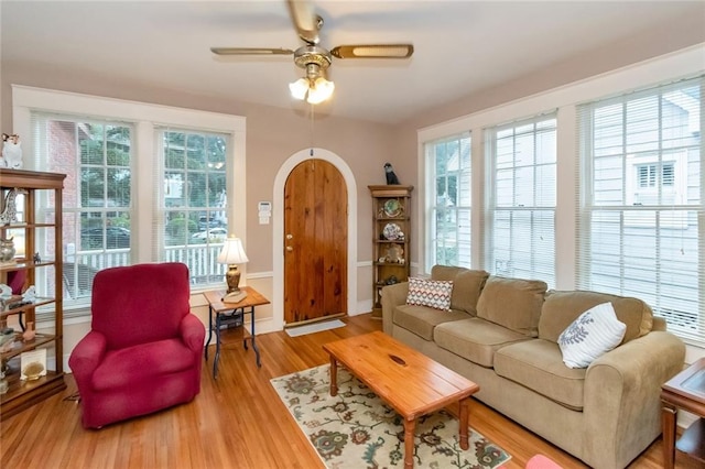 living room featuring hardwood / wood-style flooring and ceiling fan