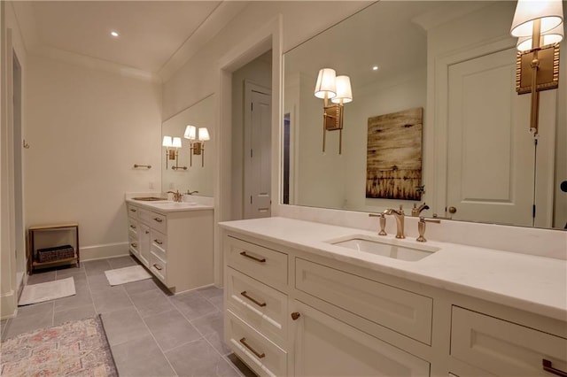 bathroom with vanity, tile patterned floors, and ornamental molding