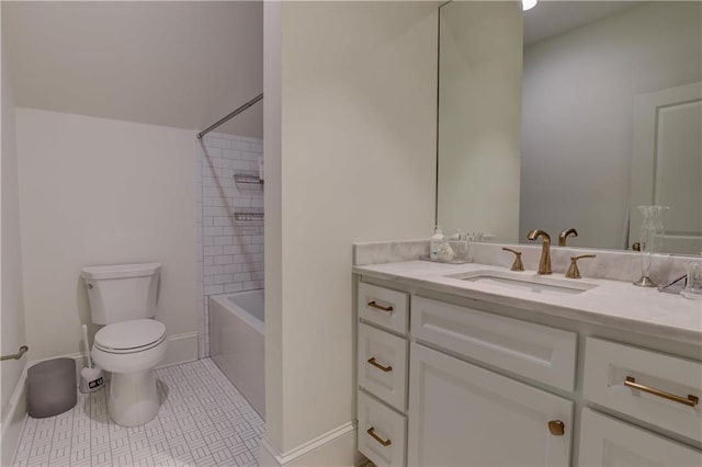 full bathroom featuring tile patterned flooring, vanity, toilet, and tiled shower / bath