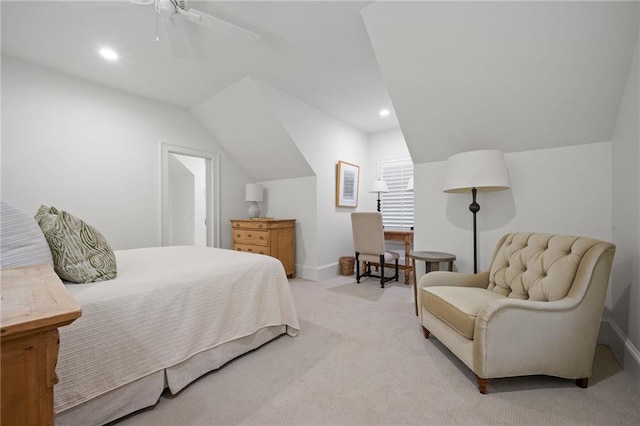 carpeted bedroom featuring ceiling fan and lofted ceiling