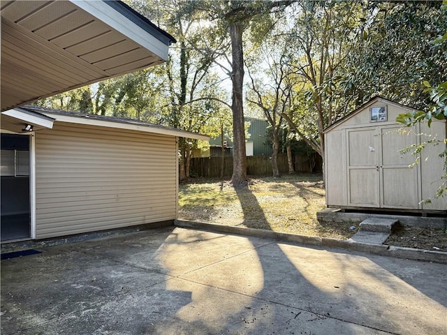 view of patio / terrace featuring a shed