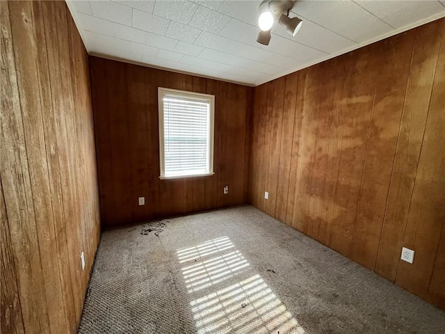 carpeted spare room with wood walls