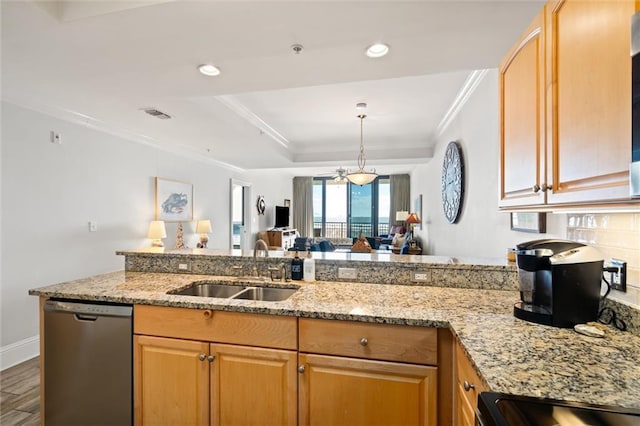 kitchen featuring sink, crown molding, stainless steel dishwasher, light stone countertops, and stove