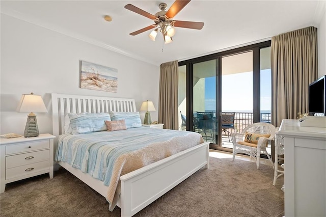 carpeted bedroom featuring access to exterior, floor to ceiling windows, and ceiling fan