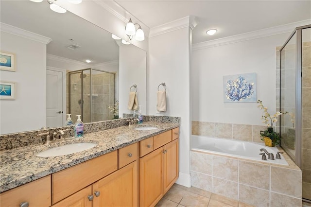 bathroom featuring tile patterned flooring, vanity, ornamental molding, and separate shower and tub