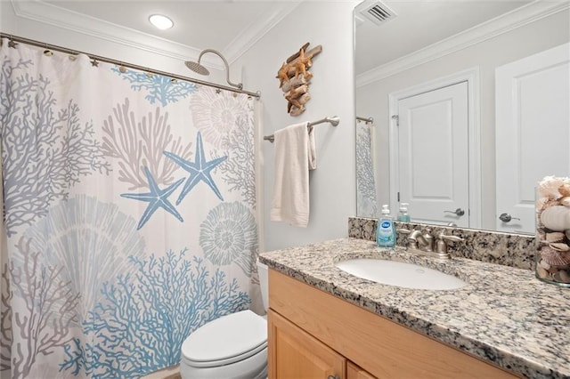 bathroom featuring ornamental molding, walk in shower, vanity, and toilet