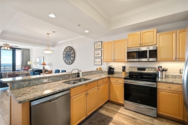 kitchen featuring sink, appliances with stainless steel finishes, light stone counters, a raised ceiling, and kitchen peninsula