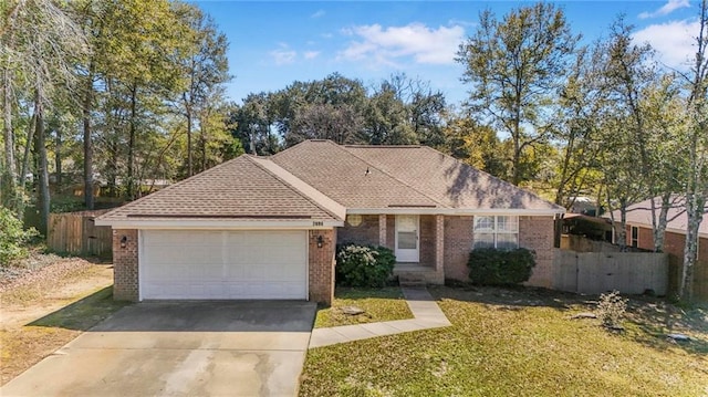 ranch-style house with concrete driveway, brick siding, an attached garage, and fence