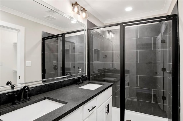 916 Mccay Ave, Mobile, AL 36609 - bathroom featuring a stall shower, double vanity, and recessed lighting