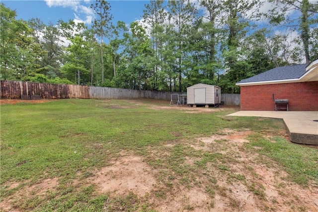 view of yard featuring a storage shed, an outdoor structure, and a patio area