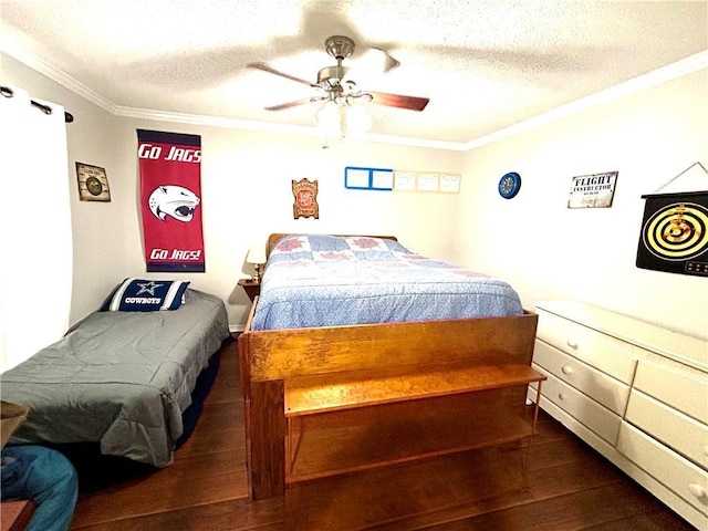 bedroom with crown molding, ceiling fan, a textured ceiling, and dark hardwood / wood-style flooring